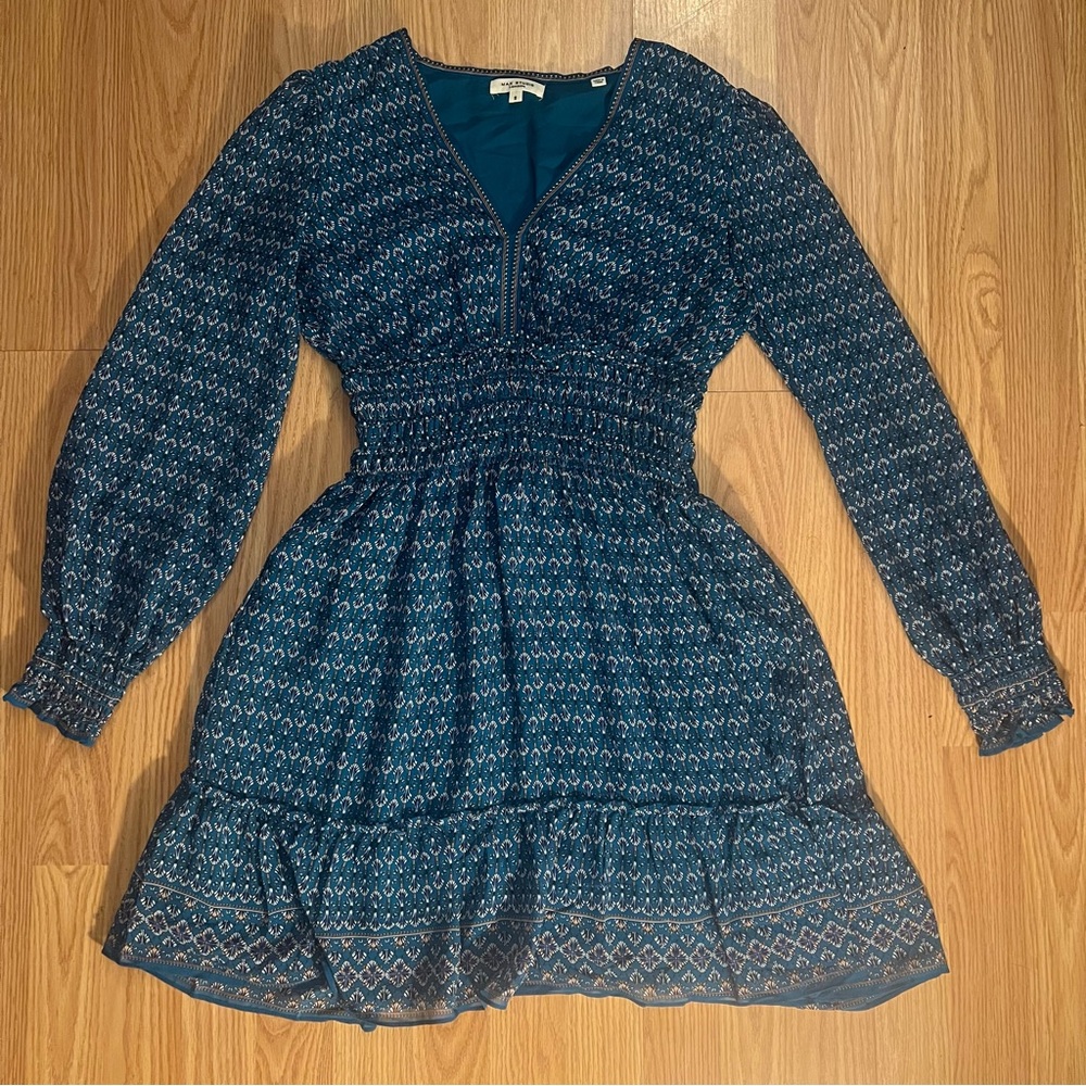 MAX STUDIO Women‎ Size S Boho V-Neck Fit & Flare Tiered Short Dress Long Sleeve